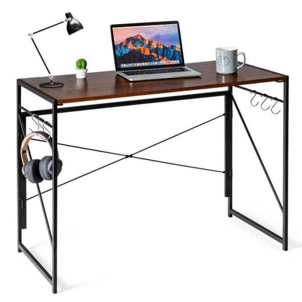 COSTWAY hopfällbart datorbord, datorbord med metallram, 6 S-formade krokar, 100 x 50 x 75 cm, kaffe Kaffe