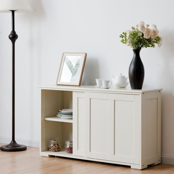 Contemporary Low Sideboard - Sideboard - Glansigt Vitlackerad - Skjutdörrar - 2 MDF-hyllor Beige