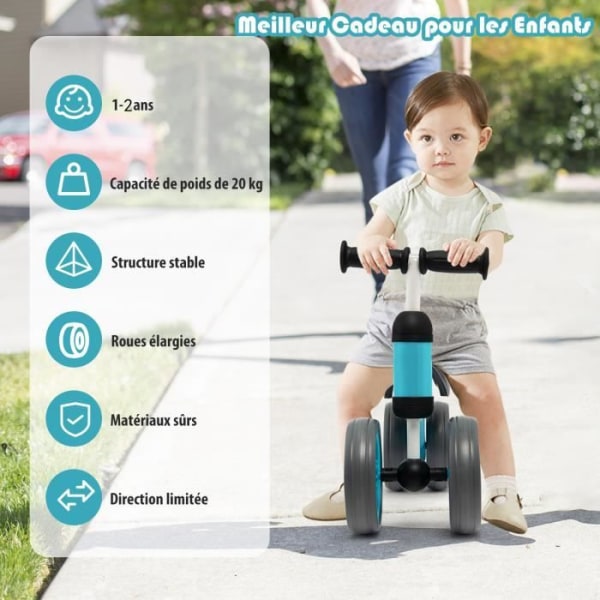 COSTWAY Baby balancecykel, balancecykel uden pedal - 4 hjul Første fødselsdag julegave til barn 1 til 2 år Blå Blått och grått