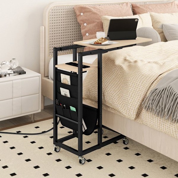 COSTWAY Rullande C-format sidobord med laddstation, med utfällbar bricka, förvaringsficka, naturlig