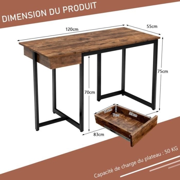 COSTWAY computerbord med skuffe, metalramme, justerbar fodstøtte, 120 x 55 x 75 cm, rustik brun Rustik brun