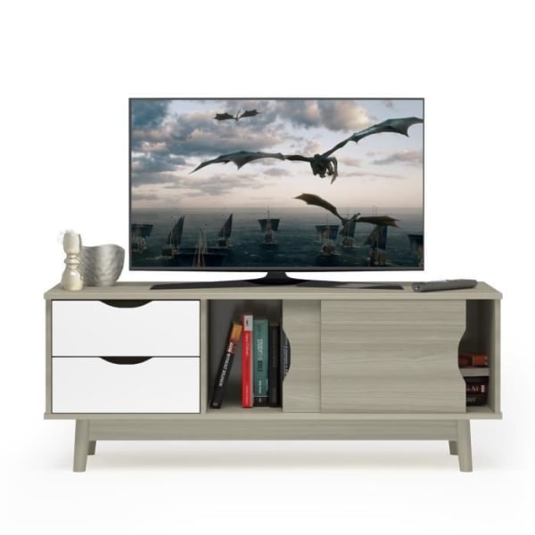 COSTWAY TV-enhet/bänk för TV-apparater upp till 60" med 2 lådor och 2 skjutdörrar, för vardagsrum, sovrum och kontor, grå