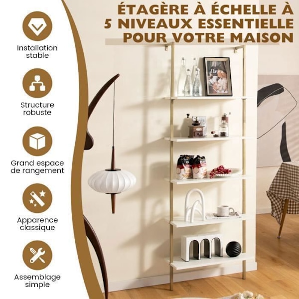 COSTWAY Væghylde med 5 niveauer 60 x 30 x 180 CM, Stige Bibliotek med Skridsikre Fødder og Struktur i Guld Stål