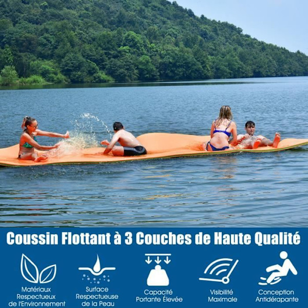 COSTWAY kelluva uima-altaan vesimatto 355 x 183 CM Heavy Duty XPE Foam kiinnityslaitteella ja solkihihnalla oranssi