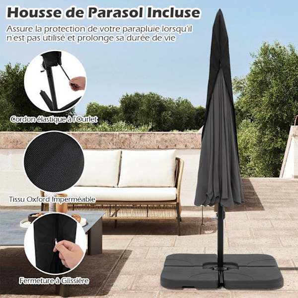 Parasol Déporté 305 cm med Betræk - COSTWAY - Læne fra 0 til 35° - Solbeskyttelse - 8 Spidser til Have, Terrasse Grå