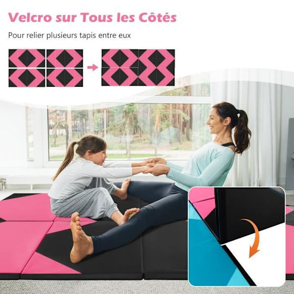 COSTWAY kokoontaittuva voimistelumatto-300 x 117 x 5 cm-4-kerroksinen vaahtomuovi ja PU-kahvoilla Koukku- ja silmukkakiinnikkeet-vaaleanpunainen+musta Rosa+svart