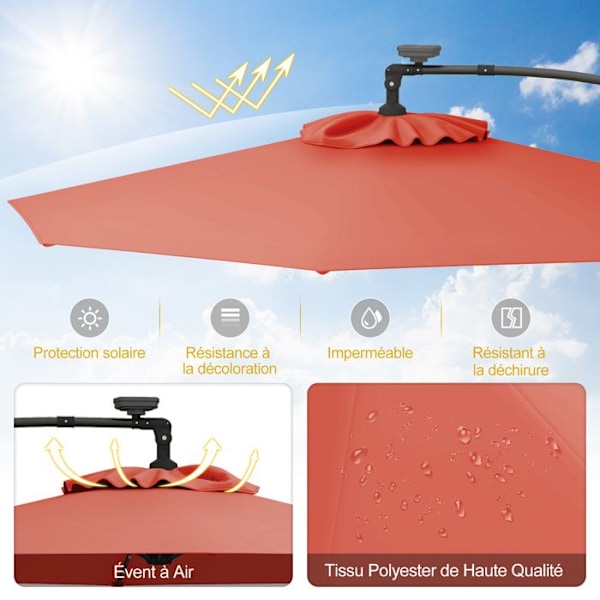 Parasol Déporté φ300 x 245cm - COSTWAY - med 32 LED - Kryssfot - Lutningsjustering - Vev - 360° rotation - Orange