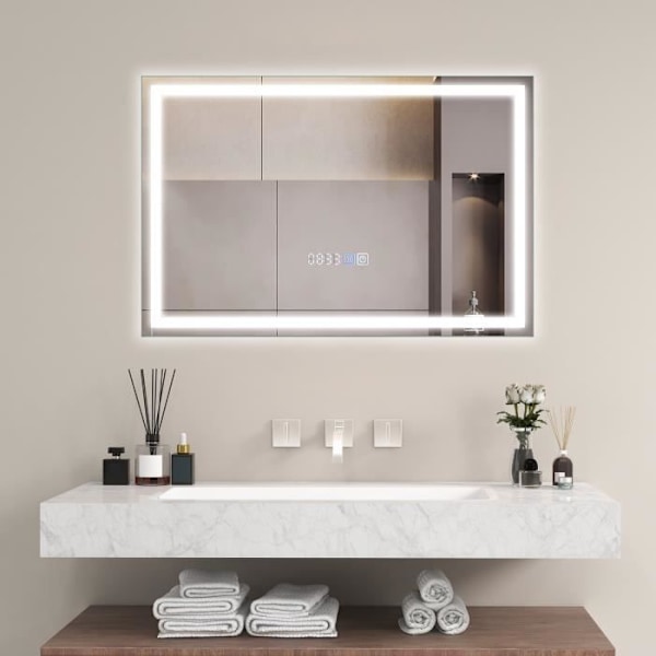 COSTWAY 75 x 50 cm Badrumsspegel 3000-6000k, Minnesfunktion, Tid/Temperatur Display, Touch Switch, IP44