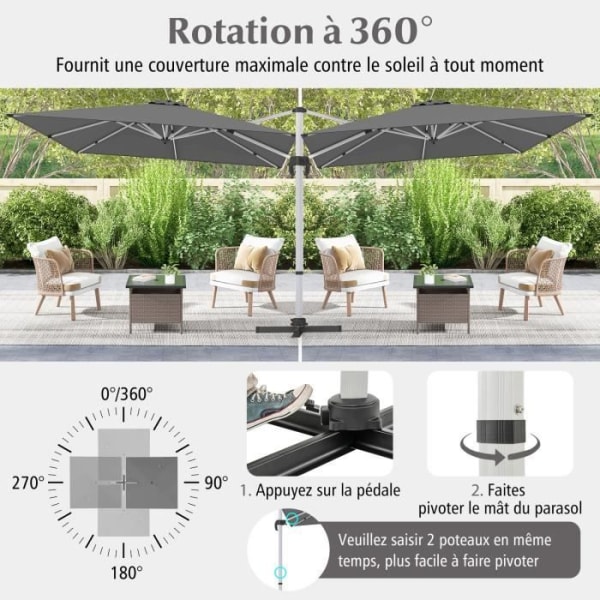 COSTWAY 3 m firkantet forskudt parasol med tværstangsbase, aluminium 360° drejelig vippearm 8 ribber, grå
