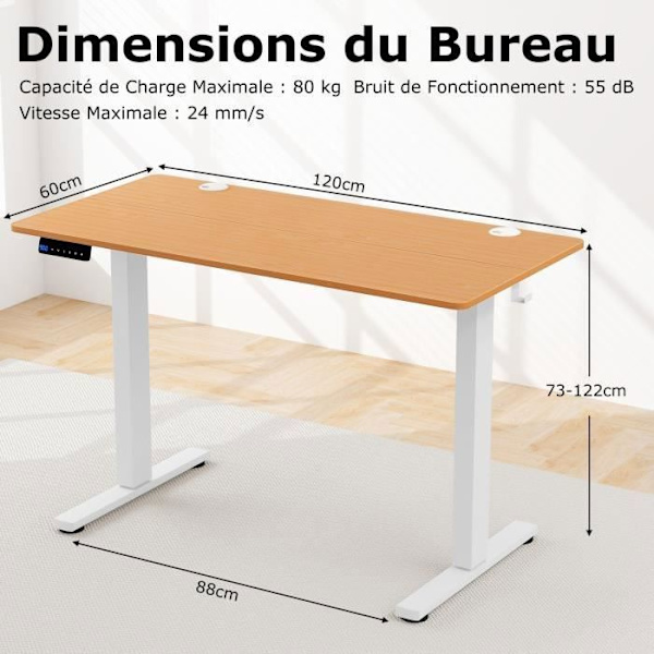 COSTWAY elektrisk sidde-stå skrivebord 120x60x73-122cm, med kontrolpanel, hukommelsesfunktion, hængekroge, naturlig Naturlig