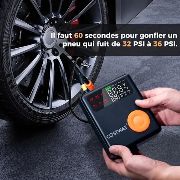 COSTWAY Bilbatteri Jump Starter 13000 mAh - 150 PSI, med luftkompressor - LED-skærm nødlys Svart och orange