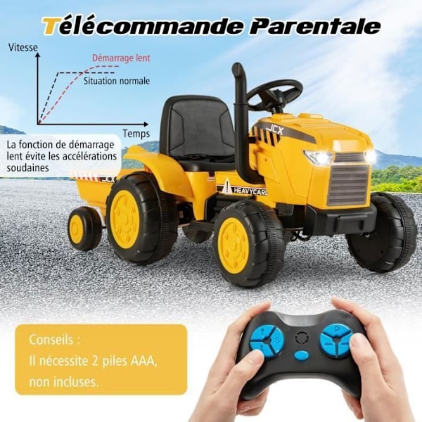 COSTWAY Eltraktor 12V 7AH - 2,4G Fjärrkontroll, Fjädrar, LED, Horn, Mjukstart, 3 - 8 År, Gul
