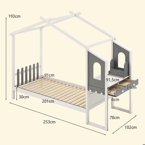 COSTWAY enkeltseng 200 x 90 cm med skrivebord, platformseng med kroge og skuffer, 18 trælameller, hvid grå sengeramme Vitt och grått
