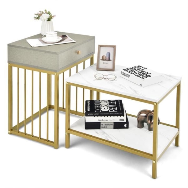 COSTWAY Nesting Soffbord - Marmortryck - Modern skandinavisk stil - 1 låda och 2 förvaringshyllor - Stål i guld