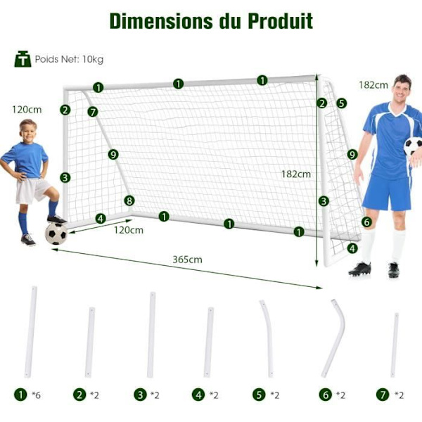 COSTWAY Fotbollsmål 365x120x182 cm-PVC-ram-Vattentät PE-nät-6 markinsatser-Montering på 15 minuter-Barn,Vuxna