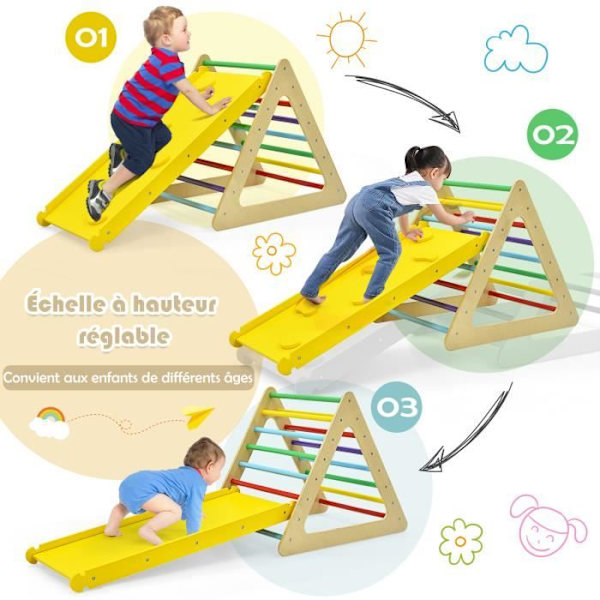 COSTWAY 3 in 1 Play Station: klättringstriangel, klättring och rutschkana för barn, 2 triangelstegar, färgglad vändbar ramp Flerfärgad