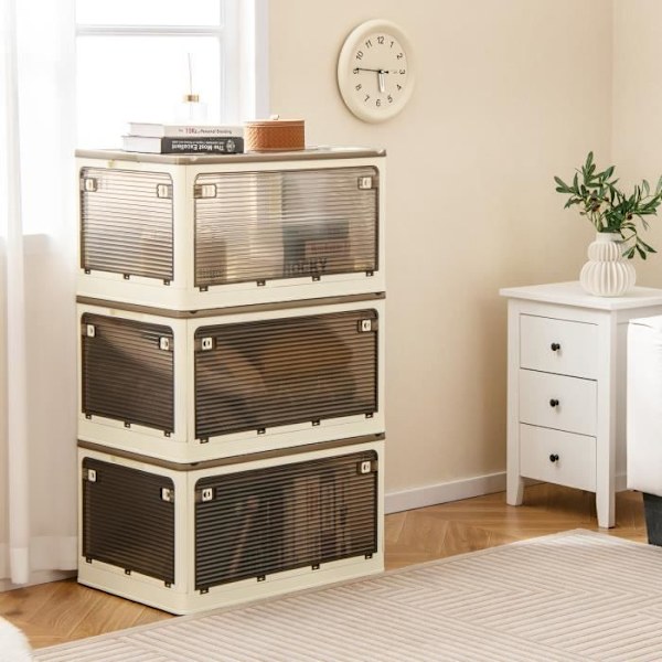 COSTWAY 98L x 3 plastopbevaringsboks - 3 foldbare opbevaringskasser - Hjul og 5 døre, 66,5 x 46,5 x 111,5 cm, hvid