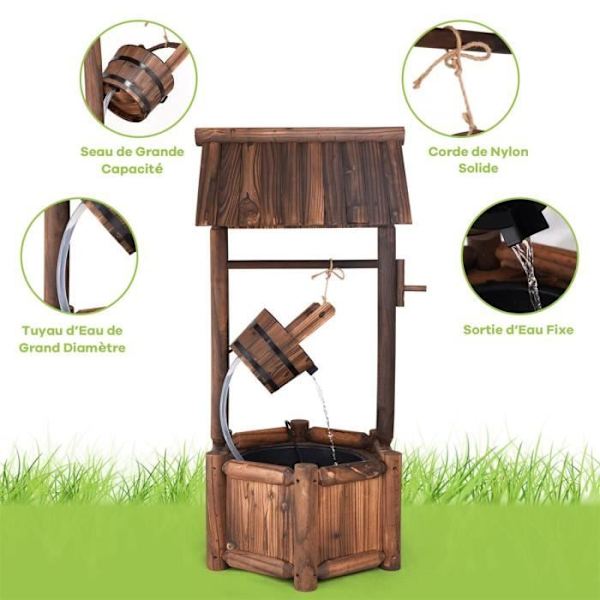 COSTWAY Träbrunn Utomhus Trädgårdsfontän 60x57x115 cm med elektrisk pump Flödeshastighet 300 L/h Transparent slanghängande hink kastanj