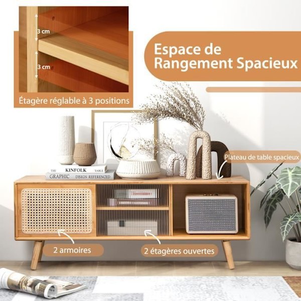 COSTWAY Bamboo TV-stativ til 55" TV med 4 rum, 4 massive træben, 2 rattan-skydedøre og hærdet glas