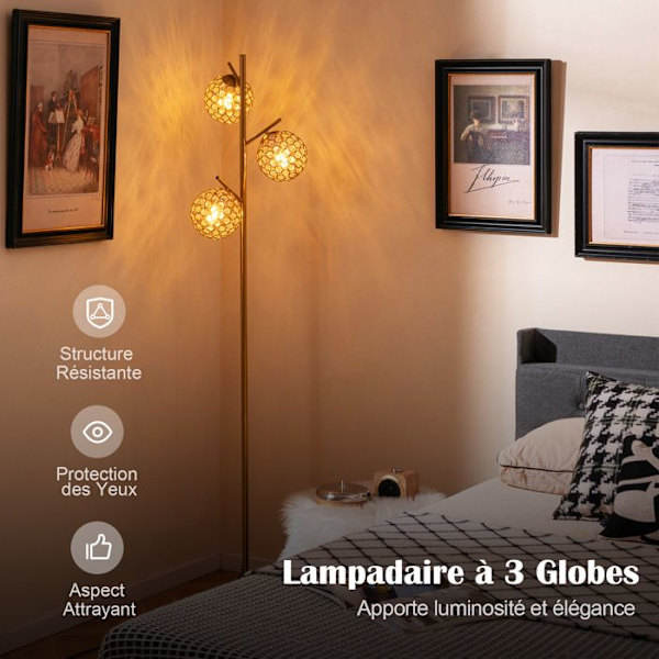 COSTWAY gulvlampe-169cm-3 glober-fodkontakt-3 E27 pæresokler-blød let-metal stang-vægtet base guld-