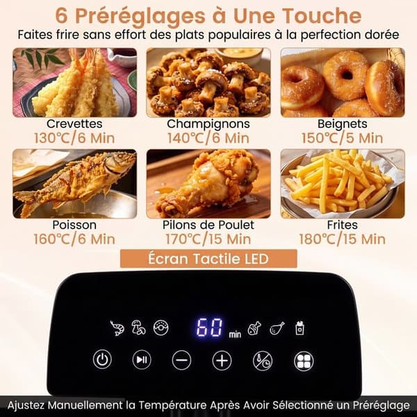 COSTWAY Elektrisk Fritös 5L 2000W med 3 Korgar, LED-Touchskärm, 6 Program, Rostfritt Stål, Tidskontroll, Silver
