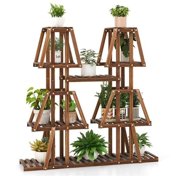 COSTWAY förkolad tallträ Blomväxthylla - 5-vånings växthållare, spaltdesign - inomhus utomhus