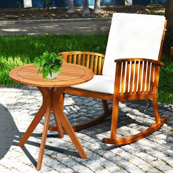 COSTWAY Eucalyptus Trädgårdssoffbord - Lamellskiva, Cross Base, Last 50KG - Runt utomhusbord i trä