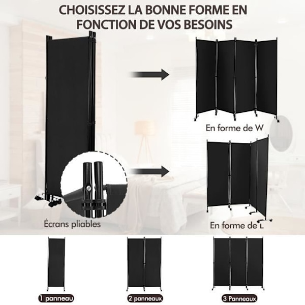 Foldbar 4 Panel rulleskærm - COSTWAY - Sort - Kontor - Udendørs - Metal Svart