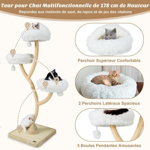 COSTWAY Cat Tree 178cm, 3 riippupalloa, 3 ahventa, sisal-raapimistolppa, Cat Tower kaareva metallirunko, beige