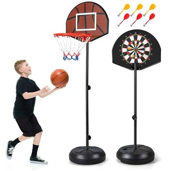 COSTWAY Stående Basketball Hoop - 2 i 1 dartskive - Justerbar højde 130-180 cm - Dobbeltsidet bagplade - Fyldbar base