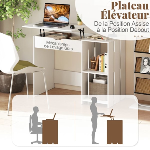 Computer Desk with Lift Top - COSTWAY - Hidden Compartment - 2 Open Storage Shelves - White