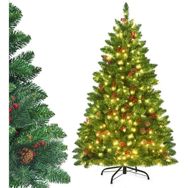 200 cm COSTWAY lysande julgran - 450 LED-lampor, 11 lägen - Kotter och röda bär - 1100 nålgrenar - Metallstöd Grön