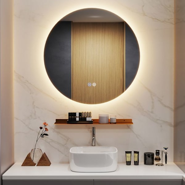 COSTWAY LED badrumsspegel Ø60 cm, 3000-6000k, Justerbar ljusstyrka, Touch, Minnesfunktion, Lagringsstöd Silver + Brons