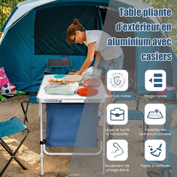 COSTWAY Fällbord för Camping med 2 Förvaringsfack Blå Höjdjusterbart Kompakt Trädgårdsbord för Picknick Blå
