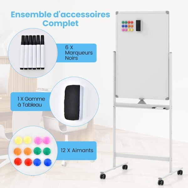 COSTWAY Magnetic Whiteboard 60 x 90 cm Dubbelsidig vändbar torrradering 2 justerbar höjd 4 mobila hjul Vita