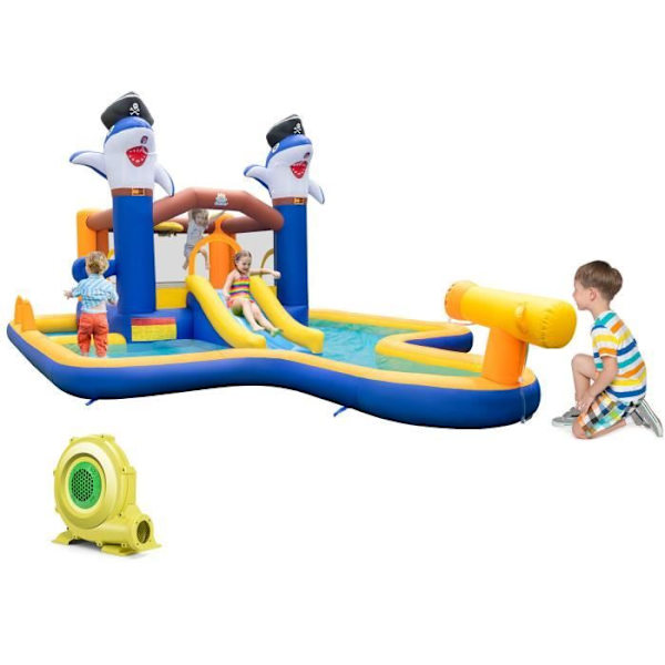COSTWAY Vandrutsjebane 7 i 1 til Børn, med 680W Blæser, Pool og Vandkanon, Boksetræning, 578 x 408 x 250 cm