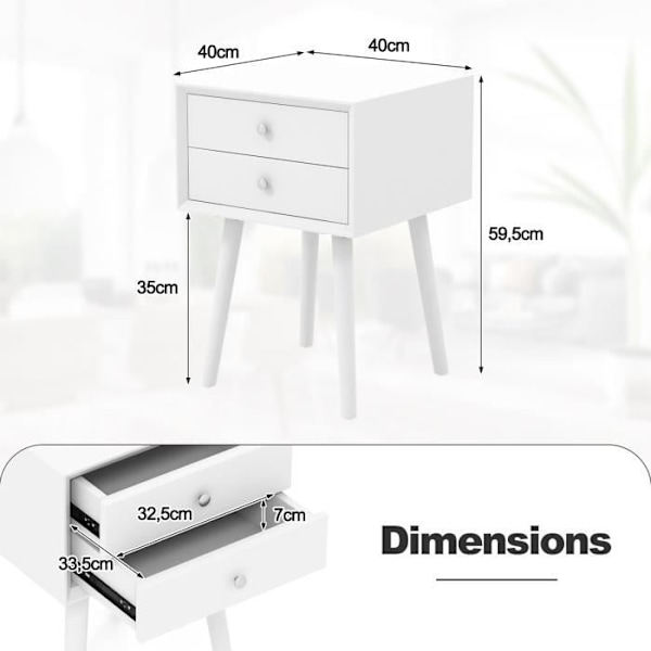 COSTWAY sengebord med 2 skuffer, sidebord til stue, soveværelse, kontor, 40 x 40 x 59,5 cm, Hvid Vit