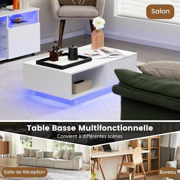 COSTWAY Sofabord - LED Lys 20 Farver - 95 x 55 x 31 CM - LED Sofabord med Stort Skuffe og Rum - Hvid Vit