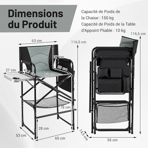COSTWAY Høj Foldbar Havestol 116,5 cm med F oldbar Sidebord og Fodstøtte, Krus-holder, Netopbevaringspose svart och grått