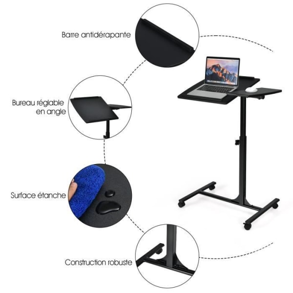 COSTWAY Laptopbord med hjul Översängsbord Höjdjusterbart med mushållare Tiltbar bricka Svart