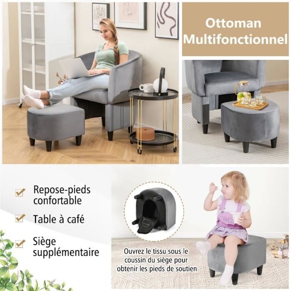 COSTWAY Velvet Polstret Barrel Chair med osmannisk stel, massivt træstel, skridsikre filtpuder, grå Grå