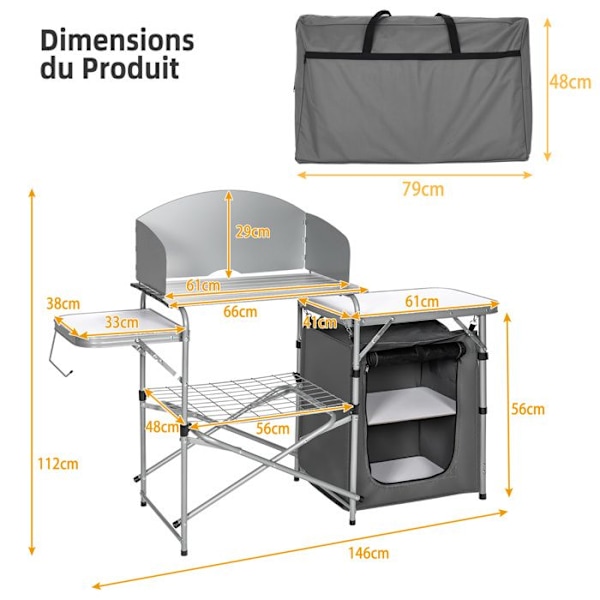 COSTWAY Sammenklappeligt Havebord med Opbevaring, Vindskærm, Transporttaske, Bærbart Grillbord til Camping Picnic Fest BBQ Grå