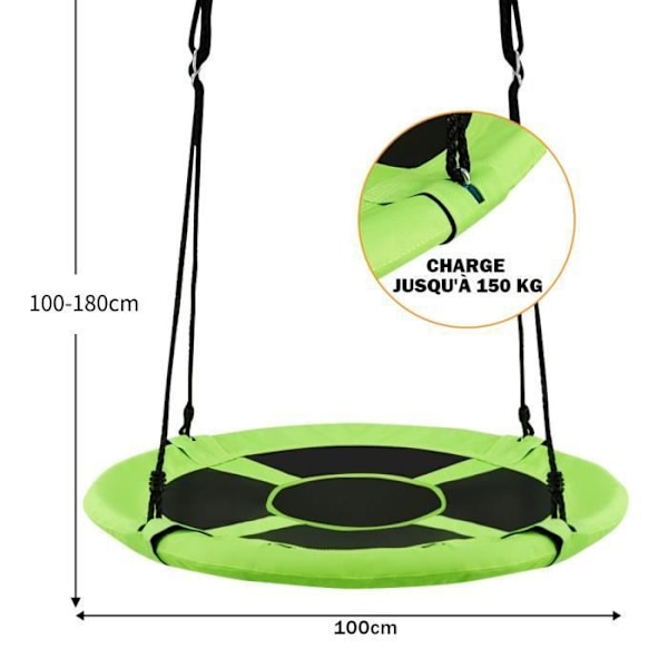 COSTWAY pyöreä linnunpesäkeinu 100 CM lapsille säädettävälle ulkopuiden ripustusköydelle 100-180cm-150 KG-vihreä
