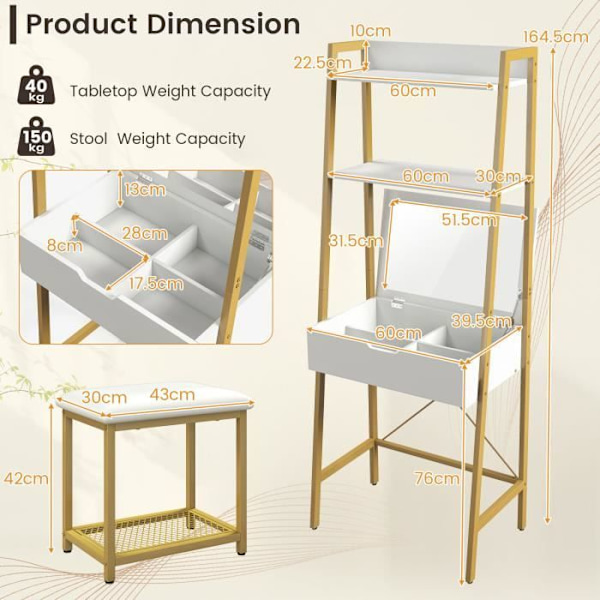 COSTWAY Scandinavian Sminkbord - hopfällbar spegel, pall - Sminkbord - 2 öppna hyllor, dolt förvaringsutrymme - guld