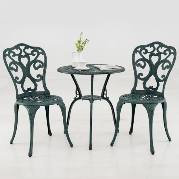 COSTWAY Ensemble 3 pcs Bord och Stolar för Trädgård i Aluminiumgjutning, Parasolldel 5 cm, för Gård Terrass Pool, Grön Grön
