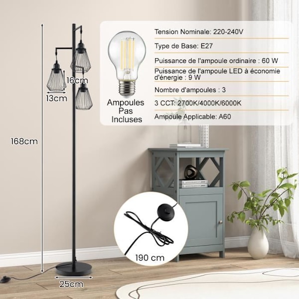 Industriel metal gulvlampe 168CM COSTWAY-3 Diamantformet lampeskærme-Fodkontakt-E27 3 farver (pære medfølger ikke)
