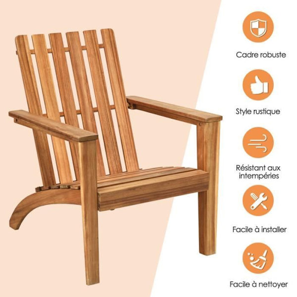COSTWAY Puutarhatuoli akaasiapuuta Adirondack Design Säänkestävä kuormitus 160 kg Olohuone Terassi Parveke Luonnollinen Naturlig