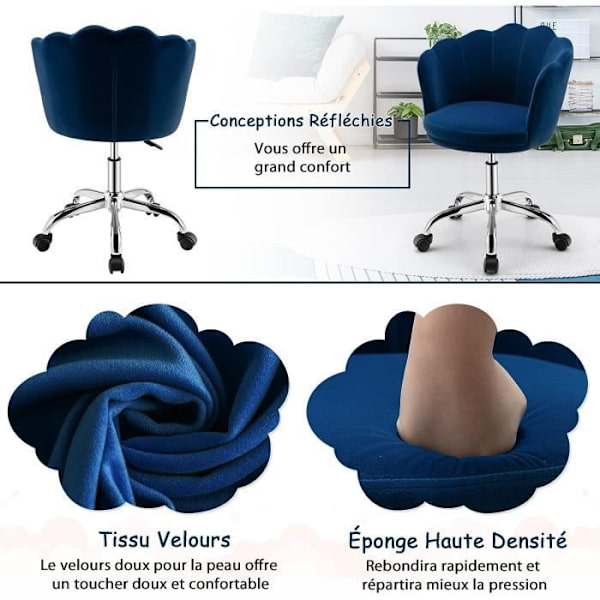 Velvet Swivel Kørestol - COSTWAY - Kronbladsform - Justerbar Højde - Blå Blå