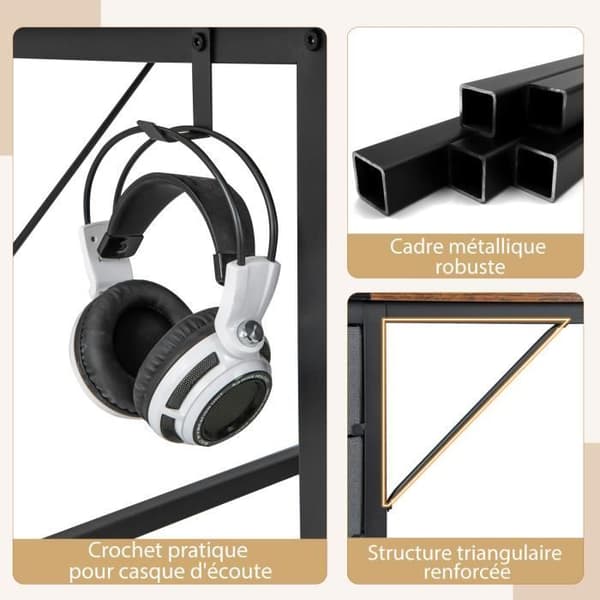 COSTWAY 120 cm computerbord, med 2 skuffer, hængekrog, opbevaringshylde, brun Rustik brun + sort