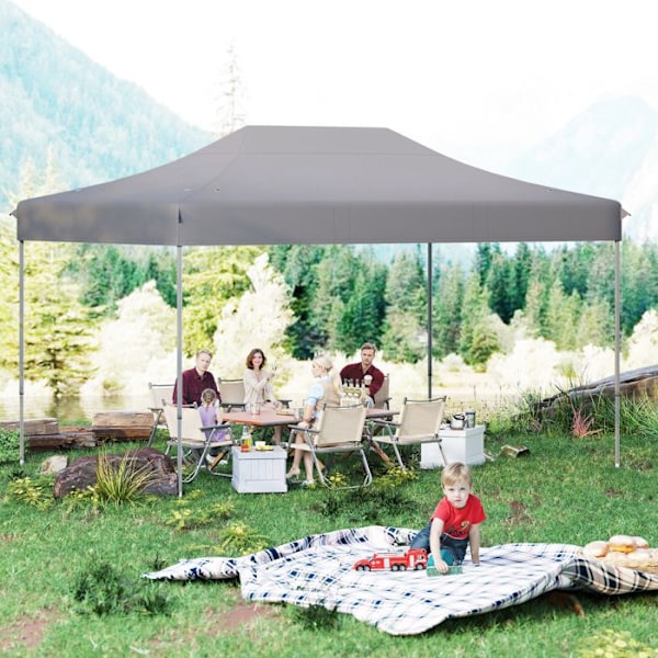 Fällbar Tältduk 300 x 445 CM - COSTWAY - 10-12 personer Pop-Up Justerbar Höjd 188-208cm - UV-skydd för Fester Grå